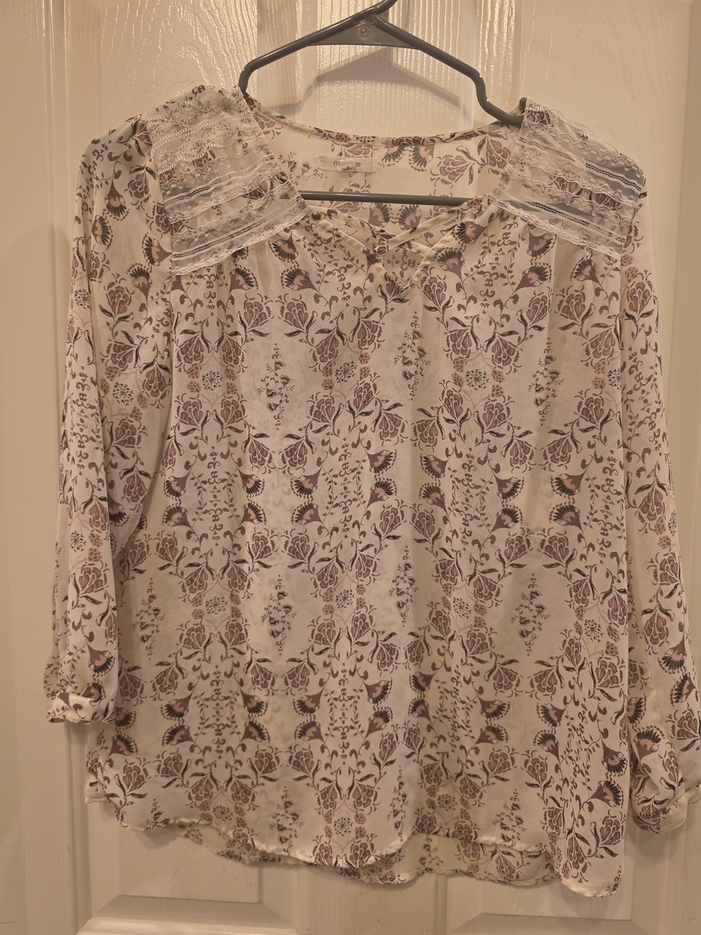 Maurices Cream Blouse with Mauve Floral Print and Lace Yoke
